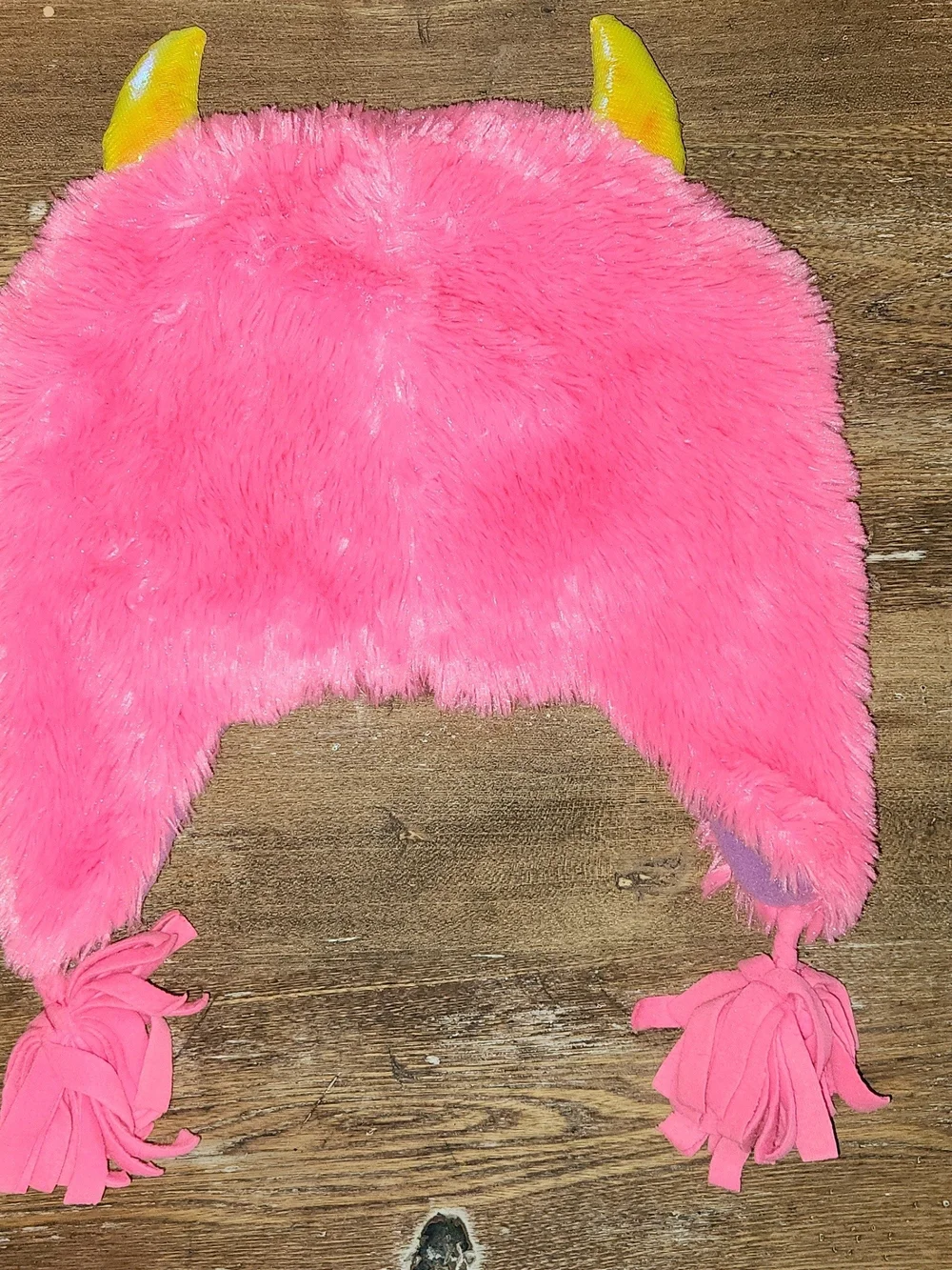 Pink Fuzzy Monster Earflap Hat with Yellow Horns